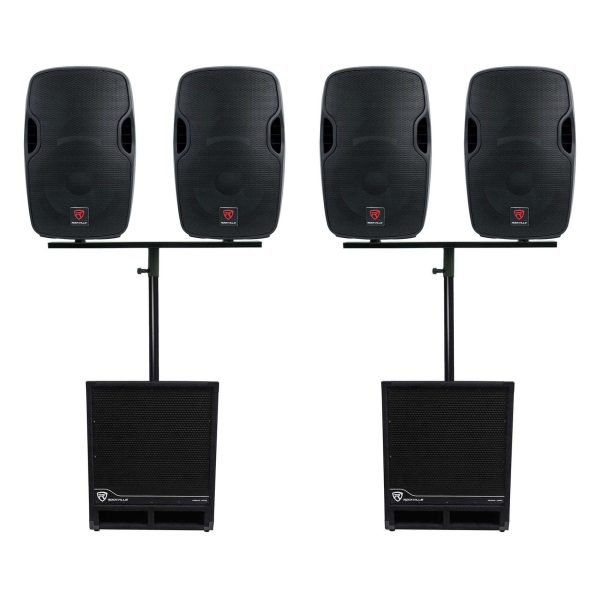 Rockville DJ Package w (4) 12  Active Speakers+Mounts+(2) 15  Powered Subwoofers For Sale