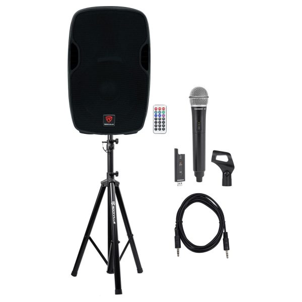 Rockville BPA15 15  Powered Active DJ PA Speaker w  Samson Wireless Mic+Clip Discount