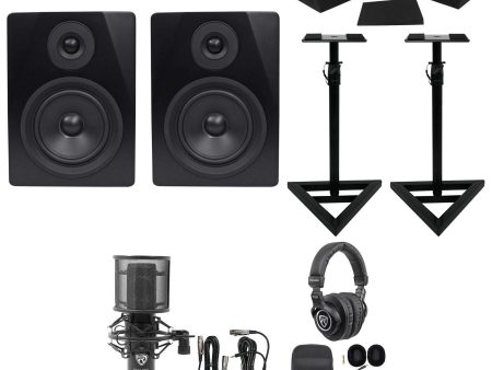 (2) Rockville APM5B 5.25  Powered USB Studio Monitors+Stands+Pads+Mic+Headphones Supply