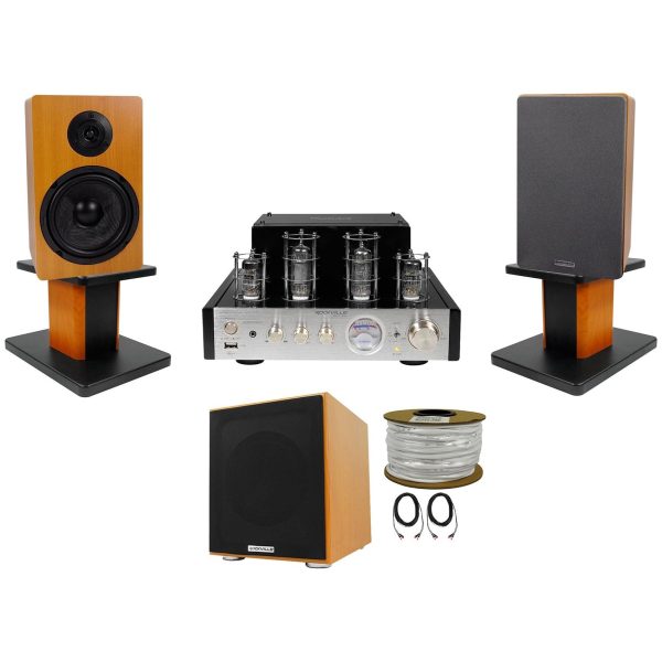 Rockville BluTube Bluetooth Tube Amplifier+Wood Bookshelf Speakers+Stands+Sub For Sale