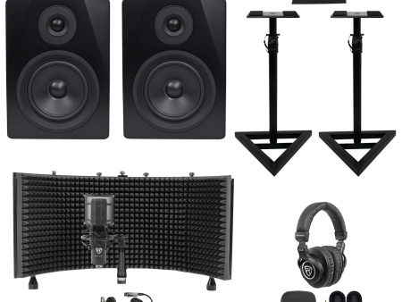 2) Rockville APM5B 5.25  Active Studio Monitors+Stands+Mic+Headphones+Iso Shield For Sale