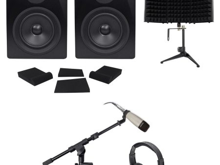 2) Rockville 5.25  250w Active Studio Monitors+Mic+Headphones+Stand+Shield+Pads For Sale