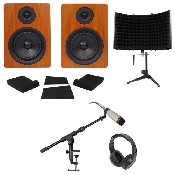 (2) Rockville 5.25  250w Active Studio Monitors+Mic+Headphones+Stand+Shield+Pads Hot on Sale