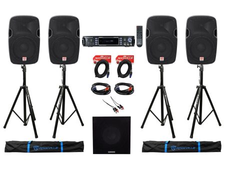 (4) Rockville 12” 12000w DJ PA Speakers+Stands+2-Ch. Bluetooth Amplifier+10  Sub on Sale