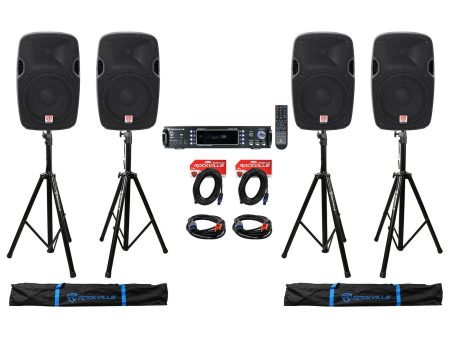 (4) Rockville SPGN128 12” 12000w DJ PA Speakers+Stands+2-Ch. Bluetooth Amplifier Discount