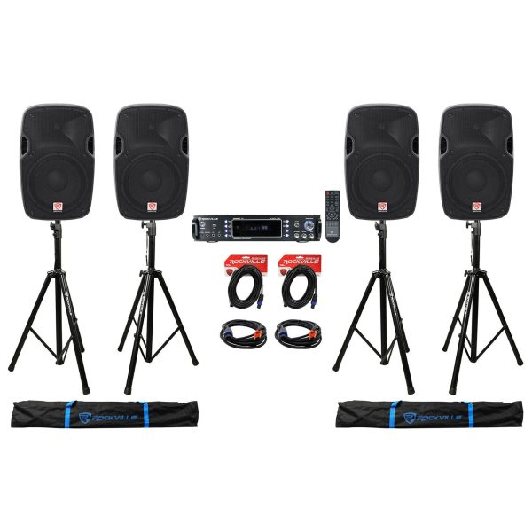 (4) Rockville SPGN128 12” 12000w DJ PA Speakers+Stands+2-Ch. Bluetooth Amplifier Discount