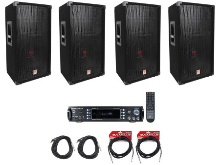 (4) Rockville RSG12 12  3-Way 1000w DJ PA Speakers+2-Channel Bluetooth Amplifier For Cheap