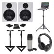 (2) Rockville 5.25  250w Powered Studio Monitors+Stands+Headphones+Mic+Foam Pads Supply