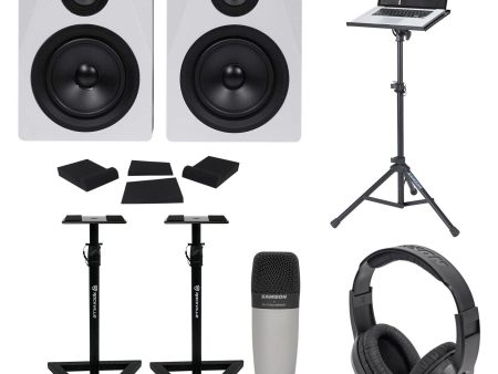 (2) Rockville 5.25  250w Powered Studio Monitors+Stands+Headphones+Mic+Foam Pads Supply