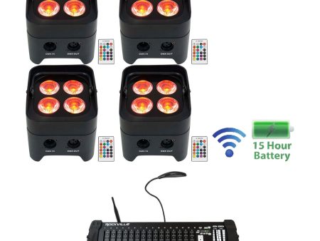 (4) Rockville BEST PAR 50 Battery Wash Lights Wireless DMX+384 Ch. Controller For Discount