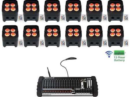 (12) Rockville BEST PAR 50 Battery Wash Lights Wireless DMX+384 Ch. Controller Sale