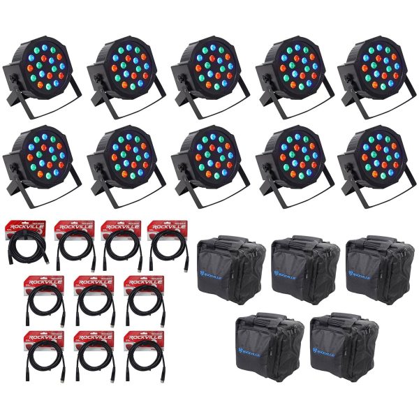 (10) Rockville RockPAR50 LED RGB Par Can DJ Club DMX Wash Lights+Cables+Bags For Discount