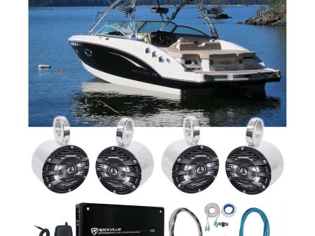 (4) Kenwood 6.5  Silver Marine Wakeboard Tower Speakers+Amplifier+Amp Wire Kit For Cheap