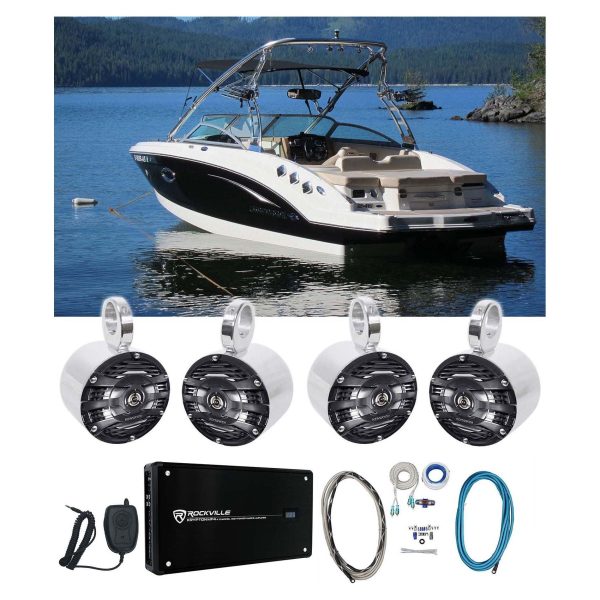 (4) Kenwood 6.5  Silver Marine Wakeboard Tower Speakers+Amplifier+Amp Wire Kit For Cheap