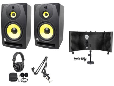 (2) Rockville DPM10B 10 inches 800 Watt Active Studio Monitors+Headphones+Mic+Shield+Boom Fashion