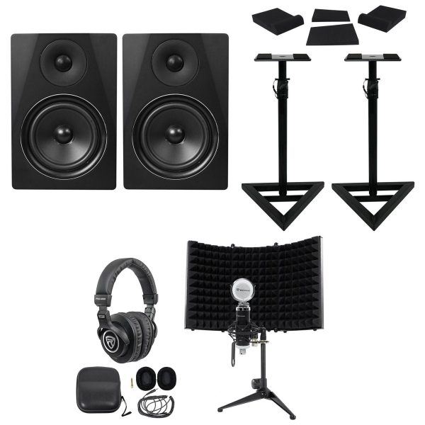 2) Rockville DPM6B 6.5  420 Watt Studio Monitors+Stands+Headphones+Mic+Shield Fashion