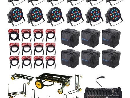 (12) Rockville RockPAR50 Par Can Wash Lights+DMX Controller+Cables+Bags+Cart on Sale