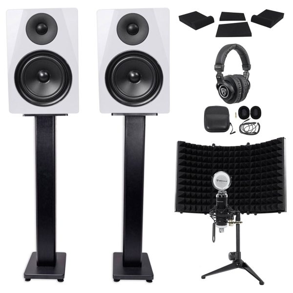 2) Rockville DPM6W 6.5  420w Studio Monitors+36  Stands+Headphones+Mic+Shield Supply