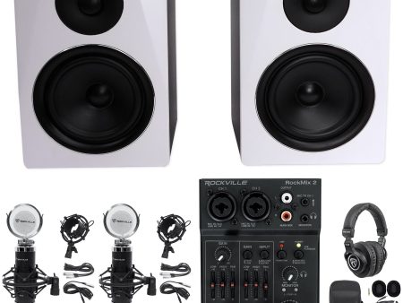 Rockville Recording Kit: 2) 6.5  White Studio Monitors+USB Mixer+Mics+Headphones Sale