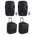 (2) Rockville BPA12 12  Powered Bluetooth 600w DJ PA Speakers +(2) Rolling Bags For Cheap