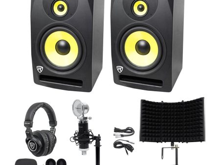 (2) Rockville DPM10B 10  800w Active Studio Monitors+Headphones+Mic+Desk Stand Online Sale