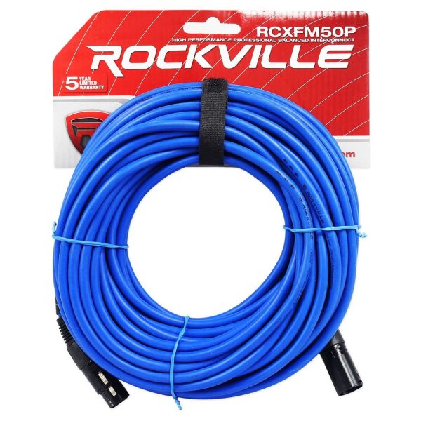 4 Rockville RCXFM50P-BL Blue 50  Female to Male REAN XLR Mic Cable 100% Copper For Sale