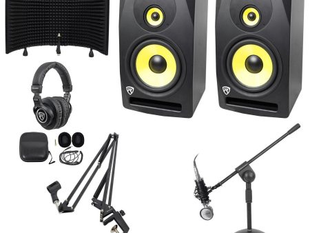 (2) Rockville DPM10B 10  800w Active Studio Monitors+Headphones+Mic+Shield+Boom Discount