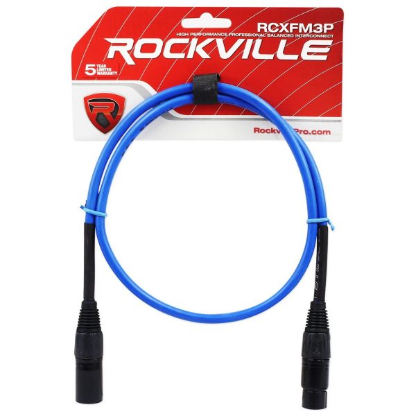 4 Rockville RCXFM3P-BL Blue 3  Female to Male REAN XLR Mic Cables 100% Copper Online Sale