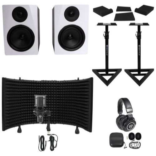 2) Rockville APM6W 6.5  Active Studio Monitors+Stands+Mic+Headphones+Iso Shield Online Sale