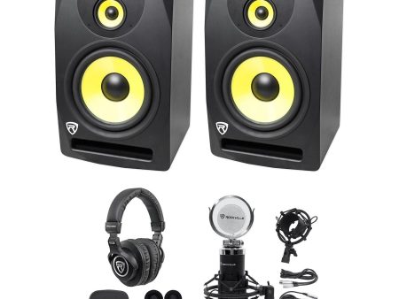 (2) Rockville DPM10B 10  800w Powered 3-Way Studio Monitors+Headphones+Mic+Mount Online Sale