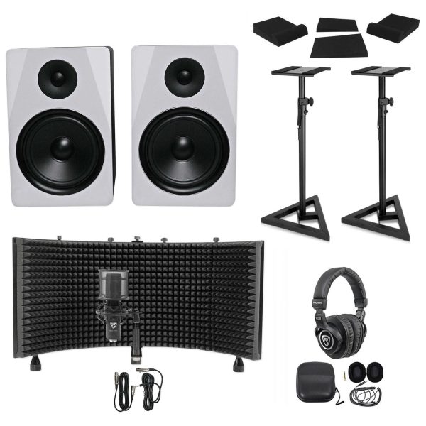 2) Rockville APM8W 8  Active Studio Monitors+Stands+Mic+Headphones+Iso Shield Online now