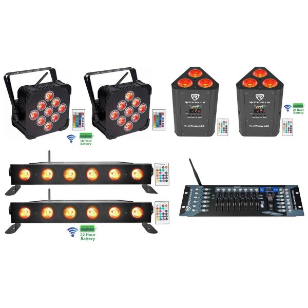 2 Rockville BEST PAR+BEST STRIP+ROCKWEDGE Wireless DMX Battery Lights+Controller For Cheap