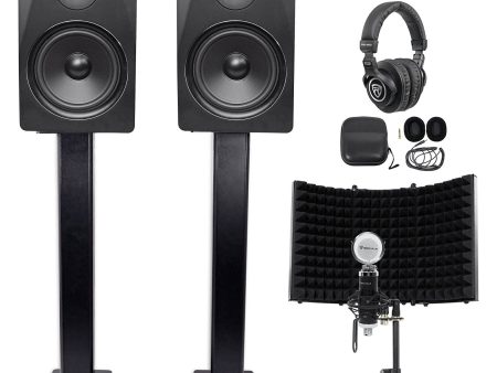 2) Rockville DPM8B 8  600w Active Studio Monitors+Stands+Headphones+Mic+Shield For Discount