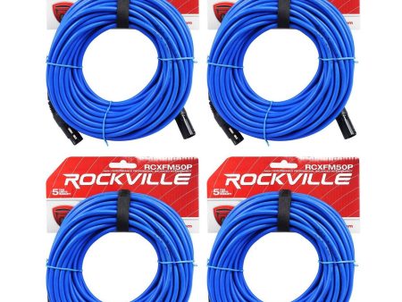 4 Rockville RCXFM50P-BL Blue 50  Female to Male REAN XLR Mic Cable 100% Copper For Sale