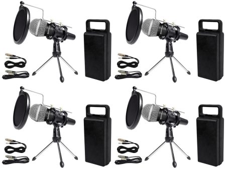 (4) Rockville Dynamic Podcasting Podcast Microphones+Stands+Pop Filters+Cables For Discount