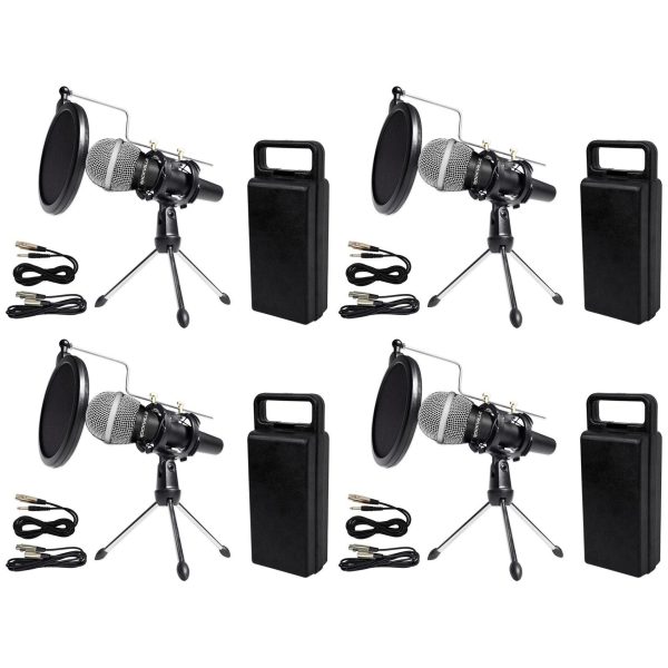 (4) Rockville Dynamic Podcasting Podcast Microphones+Stands+Pop Filters+Cables For Discount