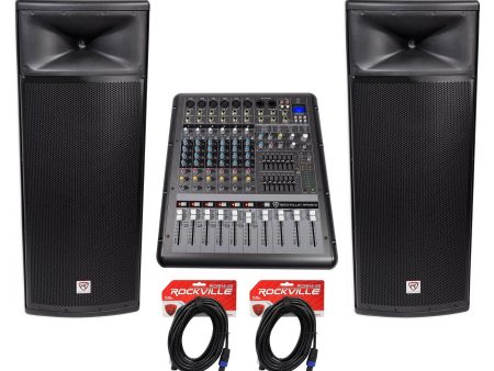 (2) Rockville SPGN258 Dual 15” 3000w 8-Ohm DJ PA Speakers+6000w Powered Mixer For Cheap