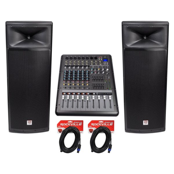 (2) Rockville SPGN258 Dual 15” 3000w 8-Ohm DJ PA Speakers+6000w Powered Mixer For Cheap