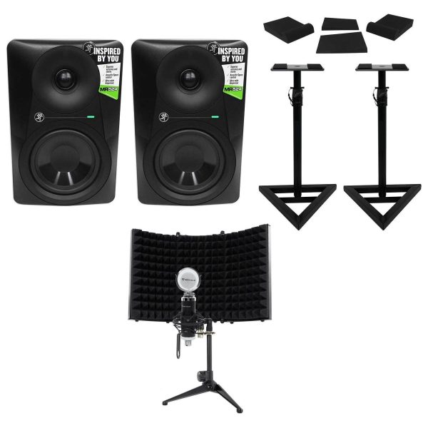 (2) Mackie MR524 5” 50w Powered Studio Monitors+Condenser Mic+Stands+Pads+Shield For Discount