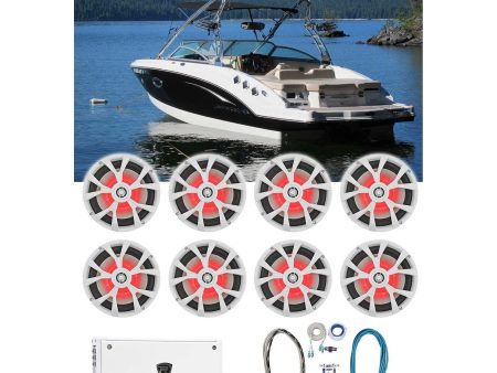 (8) Rockville RKL80MB 8  White Marine Boat LED Speakers+8-Ch. Amplifier+Amp Kit Online