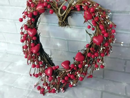 15” Heart Shaped Twig Wreath with Hearts and Berries on Sale