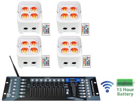 4 Rockville BEST PAR 50 White Battery Wash Lights Wireless DMX+Control+RGBWA+UV Supply