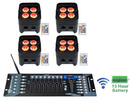 4 Rockville BEST PAR 50 Battery Par Wash Lights Wireless DMX+Controller+RGBWA+UV Online Hot Sale