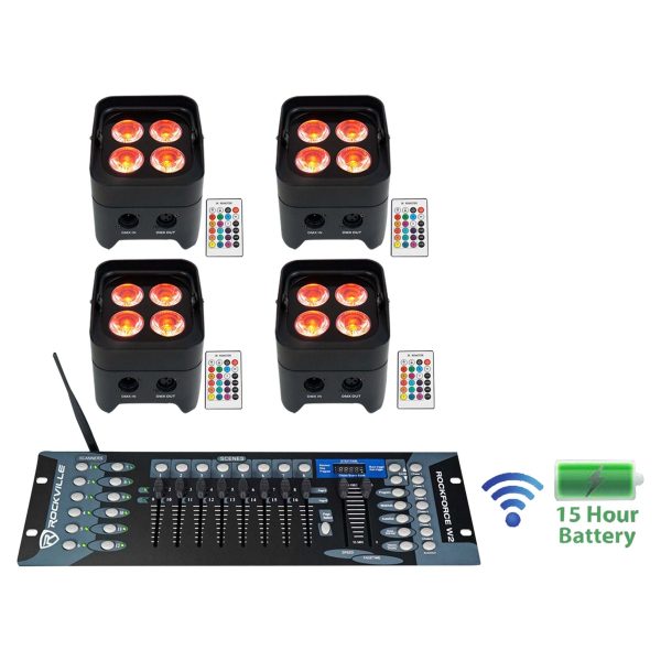 4 Rockville BEST PAR 50 Battery Par Wash Lights Wireless DMX+Controller+RGBWA+UV Online Hot Sale