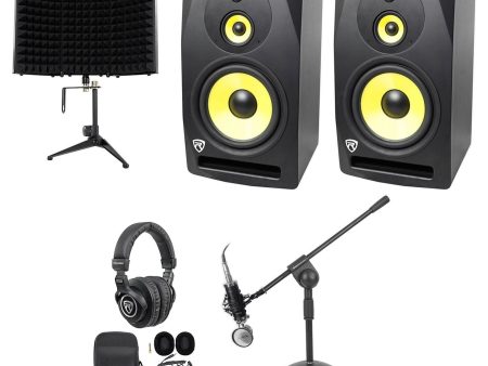 (2) Rockville DPM10B 10  800w Active Studio Monitors+Headphones+Mic+Shield and Boom For Sale