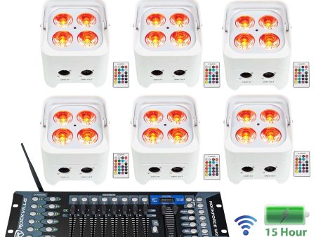 6 Rockville BEST PAR 50 White Battery Wash Lights Wireless DMX+Control+RGBWA+UV Hot on Sale