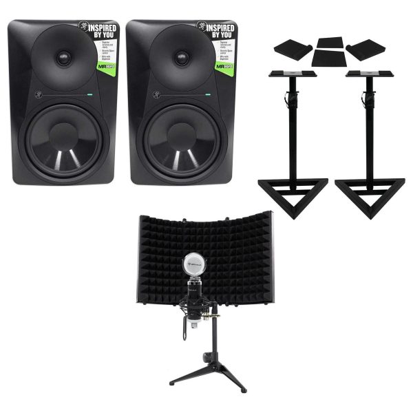 (2) Mackie MR824 8” 85w Powered Studio Monitors+Condenser Mic+Stands+Pads+Shield Hot on Sale