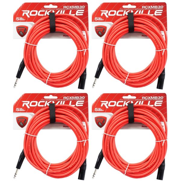 4 Rockville RCXMB30-R Red 30  Male REAN XLR to 1 4   TRS Balanced Cables Supply