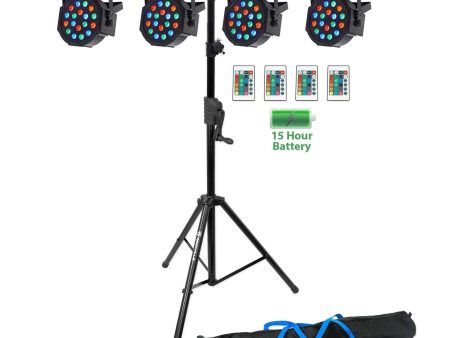 (4) Rockville BATTERY PAR 50 Rechargeable LED DMX DJ Wash Lights+Crank Stand Hot on Sale