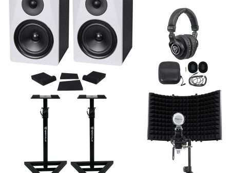 Pair Rockville DPM6W 6.5  Active Studio Monitors+Stands+Headphones+Mic and Shield Hot on Sale